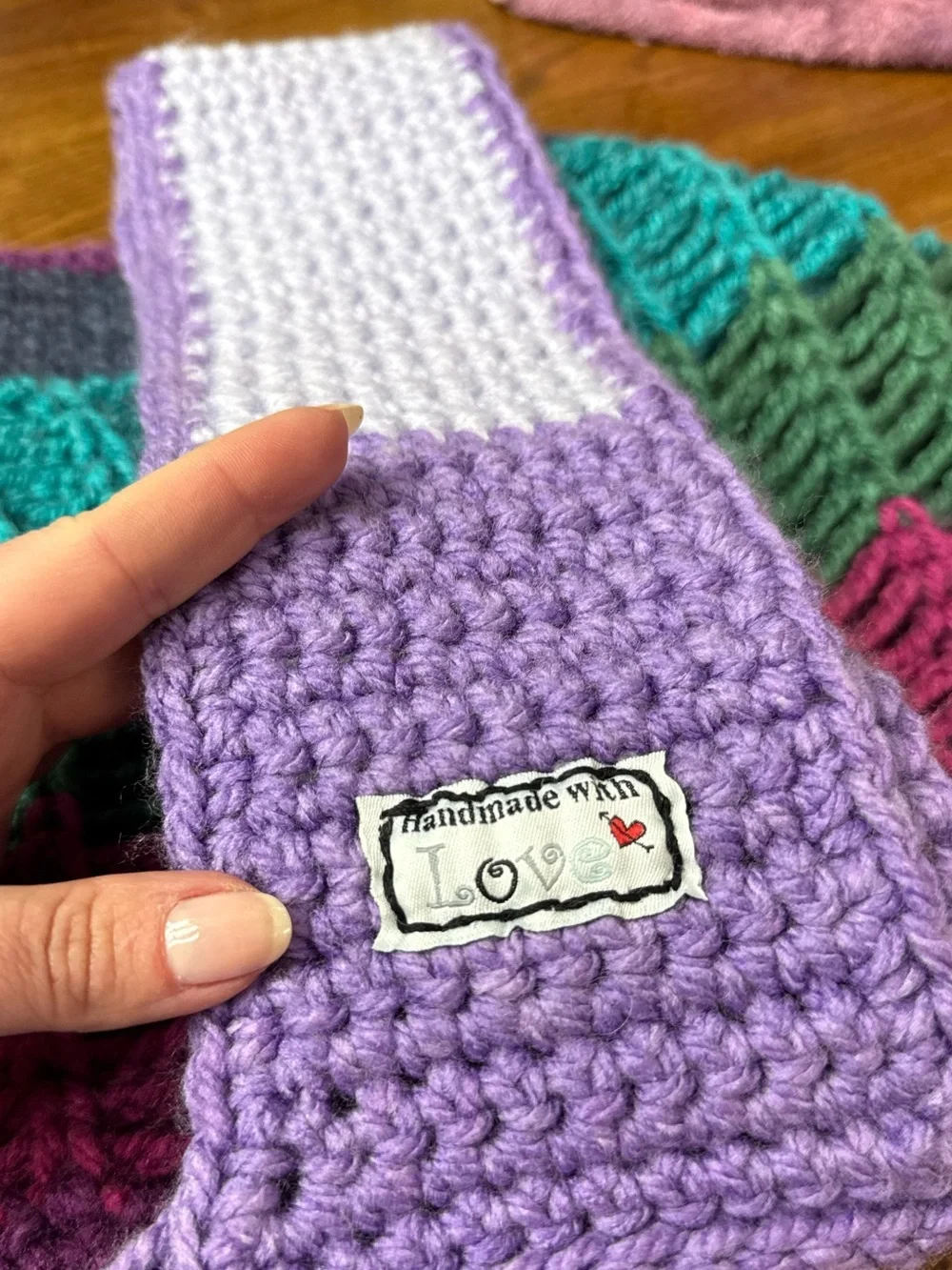 Handmade Crochet Colorblock Market Tote Bag Purple Teal Pink Boho Festival Bag